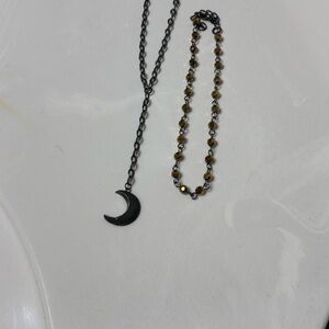2 Necklaces-Gun Metal Crescent Moon Necklace and Gold Beaded Choker